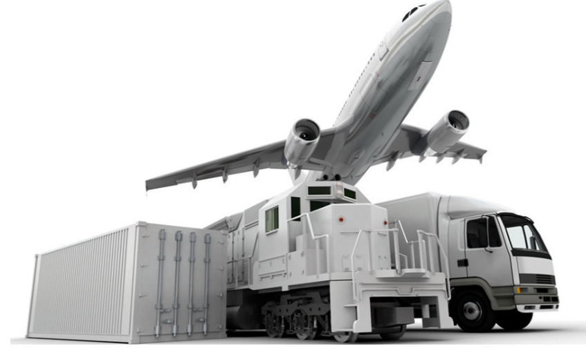 Mitsubishi FX2N-32CCL PLC module delivery: Airplane, train, truck and container illustration.