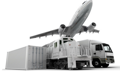 Mitsubishi FX2N-32CCL PLC module delivery: Airplane, train, truck and container illustration.
