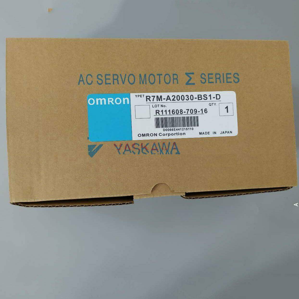 Omron R7M-A20030-BS1-D AC Servo Motor in box, new industrial automation part, with Yaskawa and Made in Japan labels.