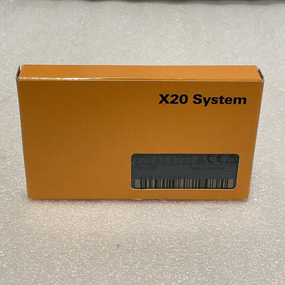 B&R X20 System module box in orange, featuring product details like X20 AT 4222 and Made in Austria.