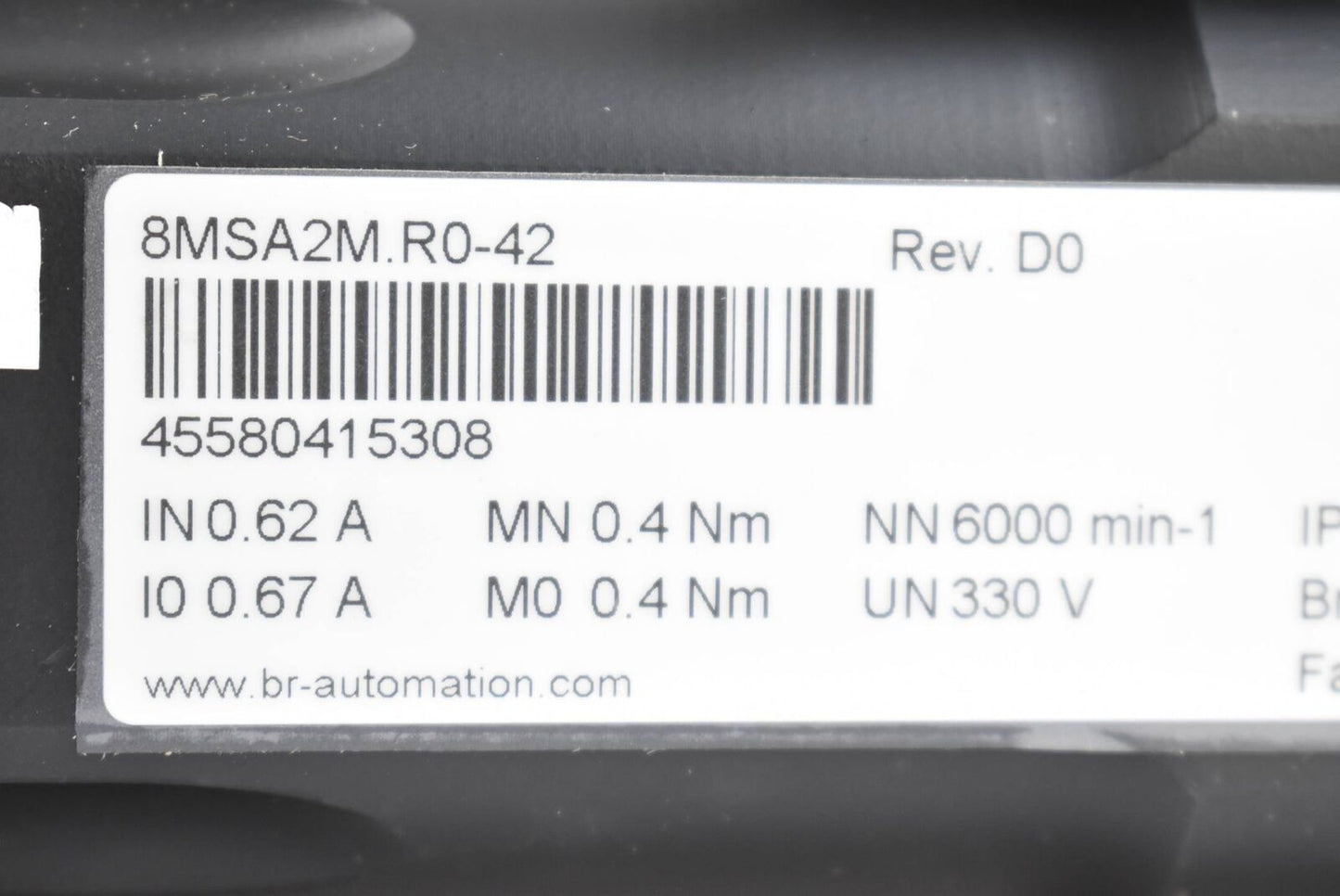B&R 8MSA2M.R0-42 servo motor label with specifications, Rev. D0, industrial automation part, barcode, IN 0.62 A