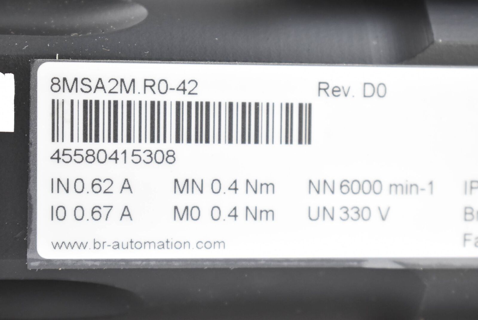 B&R 8MSA2M.R0-42 servo motor label with specifications, Rev. D0, industrial automation part, barcode, IN 0.62 A