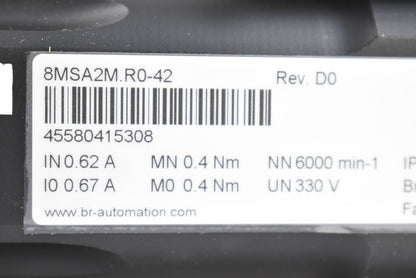 B&R 8MSA2M.R0-42 servo motor label with specifications, Rev. D0, industrial automation part, barcode, IN 0.62 A