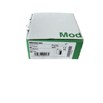BMXDRA1605 output module by Schneider Electric in packaging. Features Modicon, 16 relay outputs, Made in France.