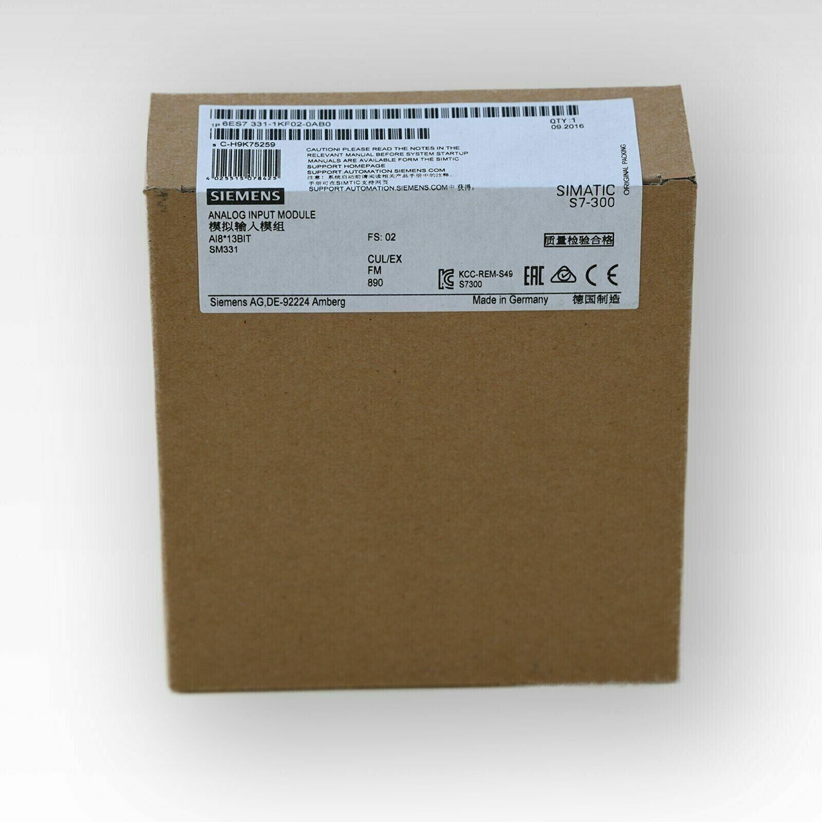 Siemens SIMATIC S7-300 Analog Input Module in cardboard box, product code 6ES7331-1KF02-0AB0, industrial automation part.