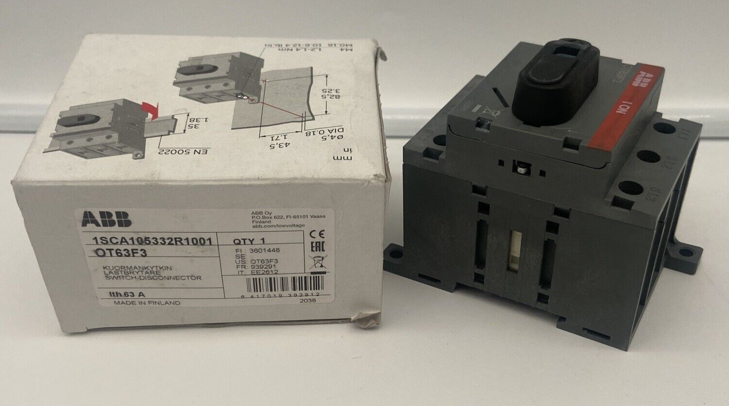 ABB OT63F3 Disconnector Switch, 63A, gray plastic housing with black handle, and product box showing specifications.