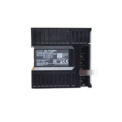 Omron NJ-PA3001 Power Supply Unit, black industrial automation part, front view showing product details.