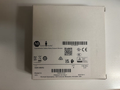 Allen-Bradley 440R-EM4R2 Guardmaster Safety Relay in box, product of Italy, industrial automation part.