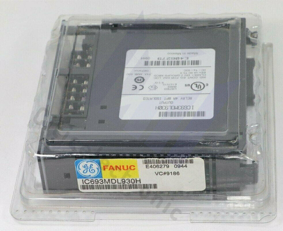 FANUC IC693MDL930H PLC module in packaging, with E406279 and VC#9186 label.