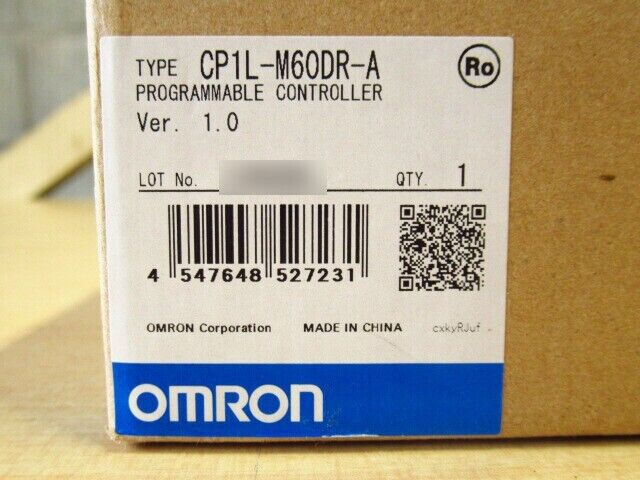 Omron CP1L-M60DR-A PLC module, New In Box, featuring product details and barcode, for industrial automation.