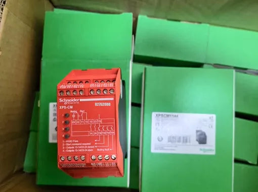 Schneider Electric XPSCM1144 safety relay, red, with terminal blocks and diagram. Part of Preventa XPS.