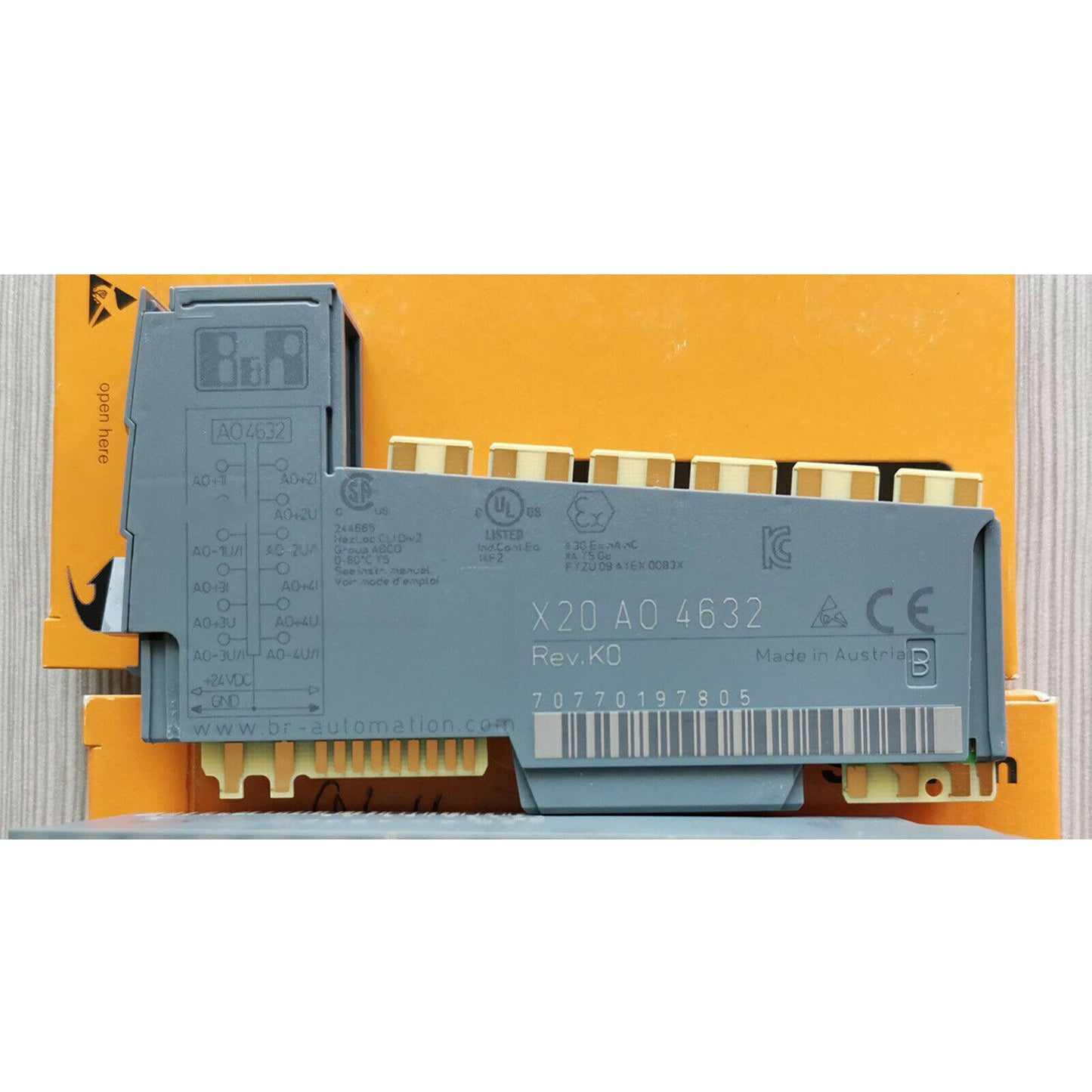 B&R X20 AO 4632 PLC Module, grey industrial automation component, Made in Austria