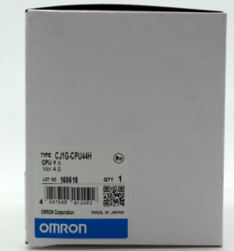 Omron CJ1G-CPU44H PLC, new in box, white packaging with product details, barcode, and "OMRON" logo