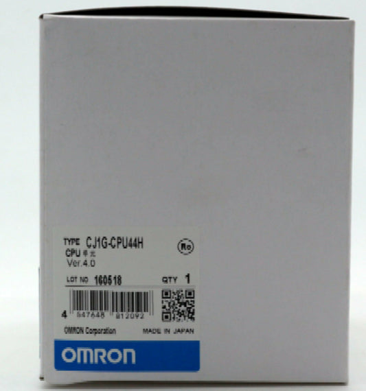 Omron CJ1G-CPU44H PLC, new in box, white packaging with product details, barcode, and "OMRON" logo