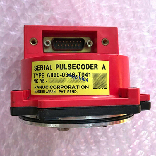 FANUC A860-0346-T041 encoder, red industrial automation part with a yellow label and serial number.