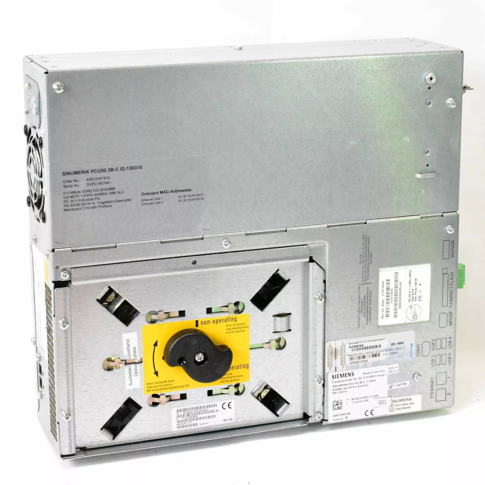 Refurbished SIEMENS SINUMERIK PCU 50.3B-C PLC module, metal case, Ethernet, USB ports, industrial automation part.