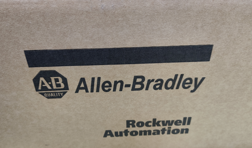 Allen-Bradley logo on cardboard, Rockwell Automation product.