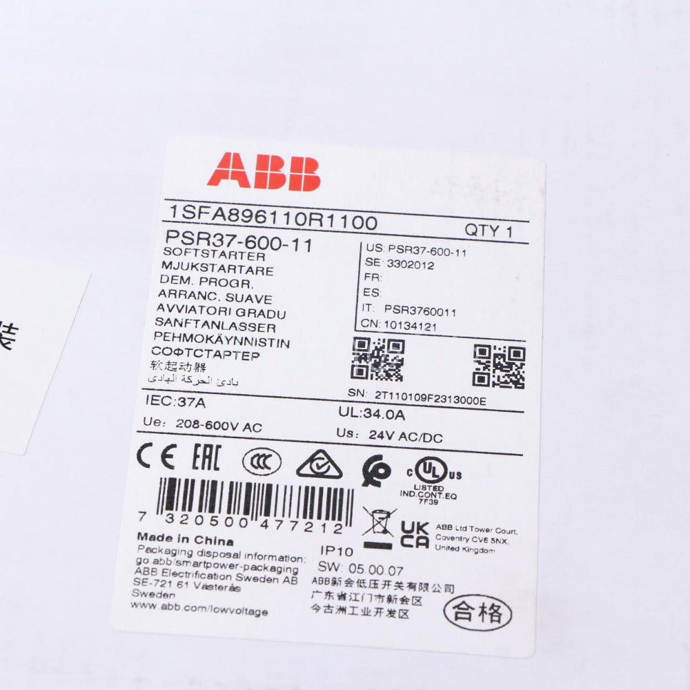 ABB PSR37-600-11 Soft Starter label details, IEC:37A, 208-600V AC, new in box