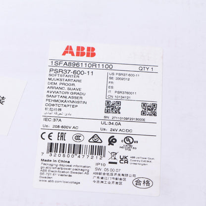ABB PSR37-600-11 Soft Starter label details, IEC:37A, 208-600V AC, new in box