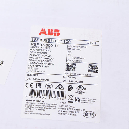 ABB PSR37-600-11 Soft Starter label details, IEC:37A, 208-600V AC, new in box