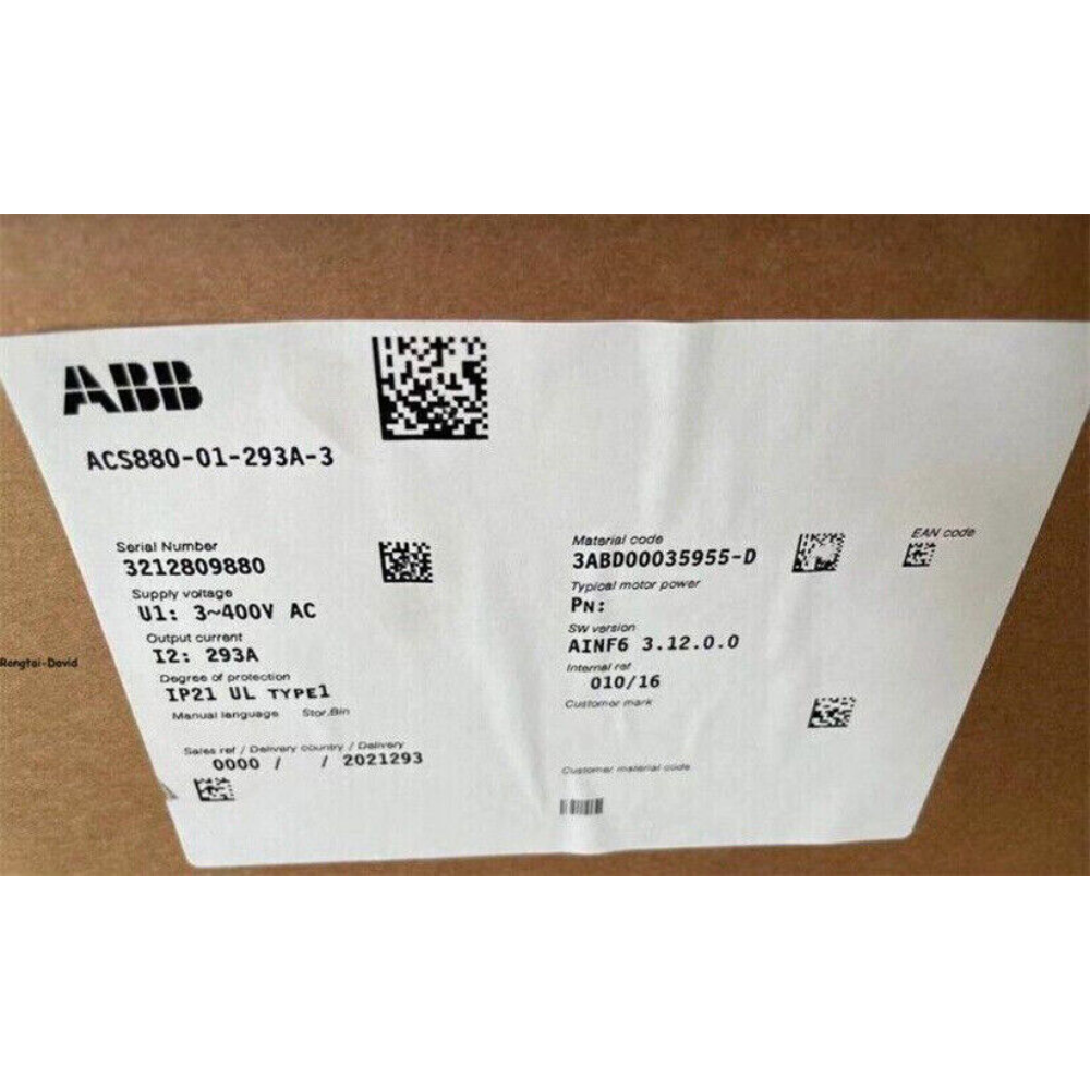 ABB ACS880-01-293A-3 Frequency Converter product label with specifications and serial number 3212809880. New in box.