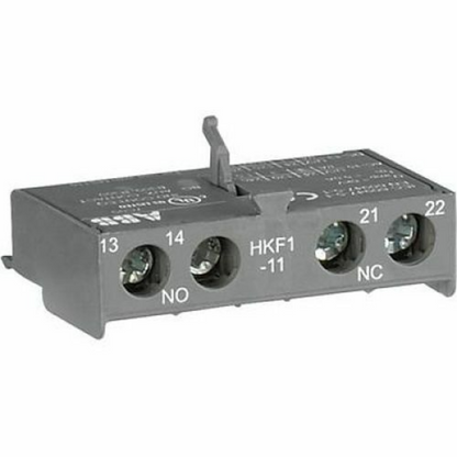 ABB HKF1-11 manual motor starter, grey component with terminal markings: 13, 14, NO, 21, 22, NC.