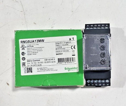 Schneider Electric RM35UA13MW voltage control relay, Zelio Control, industrial automation part, voltage settings.