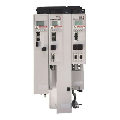 Allen-Bradley Kinetix 5700 servo drive modules, white with digital displays and various ports, PLC automation equipment.