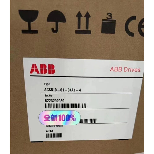 New ABB ACS510-01-04A1-4 Variable Frequency Drive box with product details and 'new 100%' sticker.