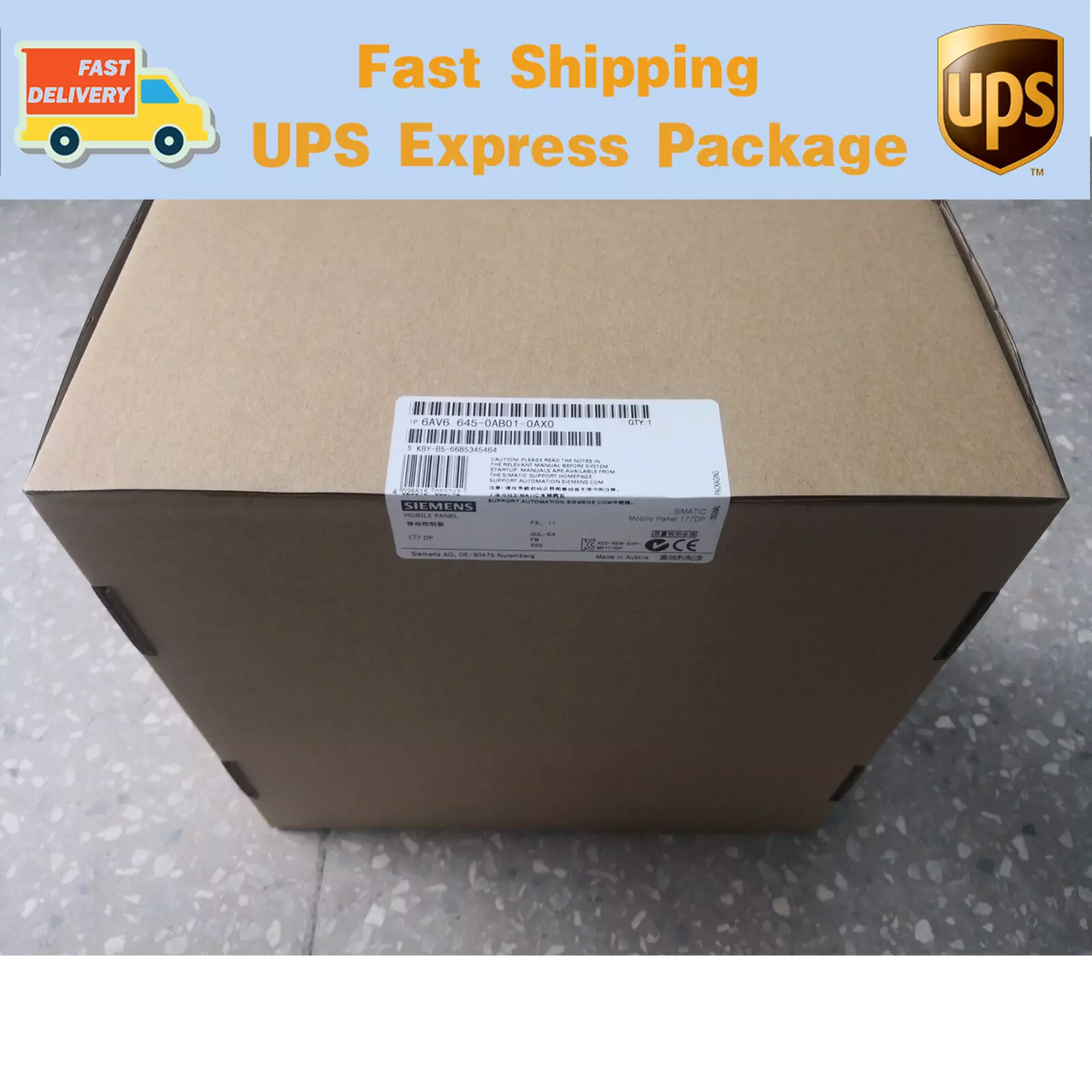 Siemens SIMATIC Mobile Panel 177DP, packaged in a brown box with UPS Express Package for fast delivery