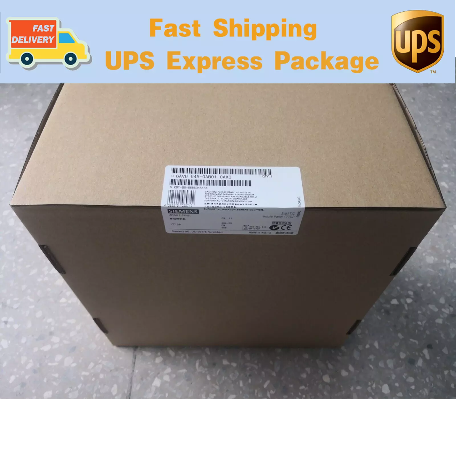 Siemens SIMATIC Mobile Panel 177DP, packaged in a brown box with UPS Express Package for fast delivery