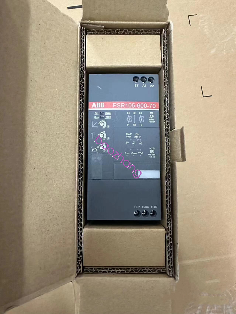 ABB PSR105-600-70 soft starter in box, industrial automation part. Brand new product with labels visible.