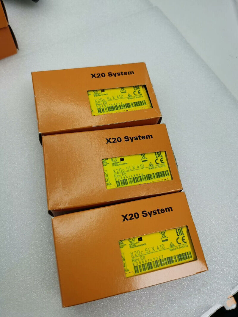 B&R X20 System controller modules in boxes, orange packaging. X20c SLX 410 model visible.
