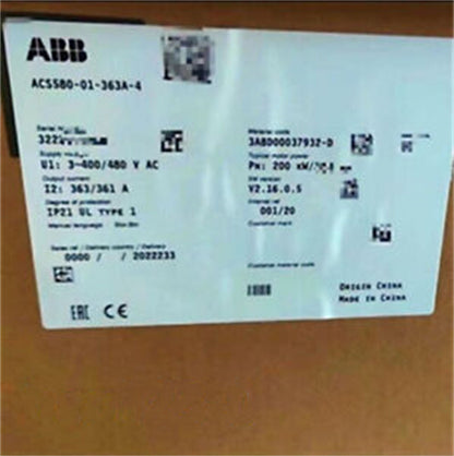 ABB ACS580-01-363A-4 Inverter Label, featuring specifications and model details for the drive.