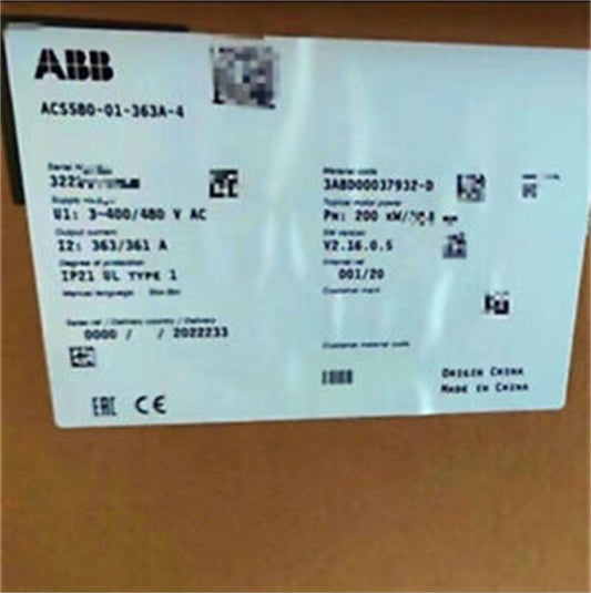 ABB ACS580-01-363A-4 Inverter Label, featuring specifications and model details for the drive.