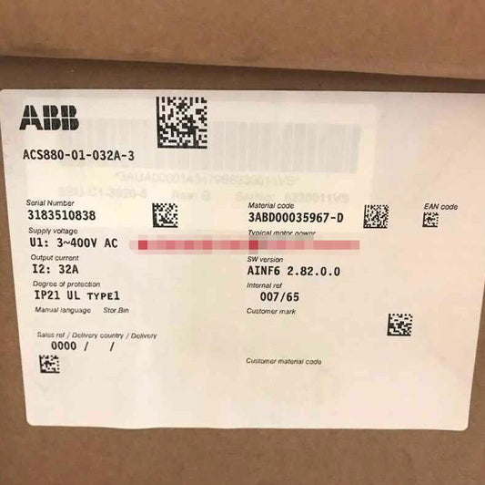 ABB ACS880-01-032A-3 VFD product label, featuring serial number, voltage, and output current details.