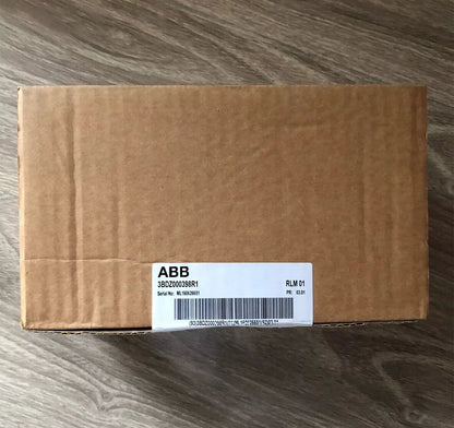 ABB RLM01 3BDZ000398R1 module on cardboard box, PLC automation part