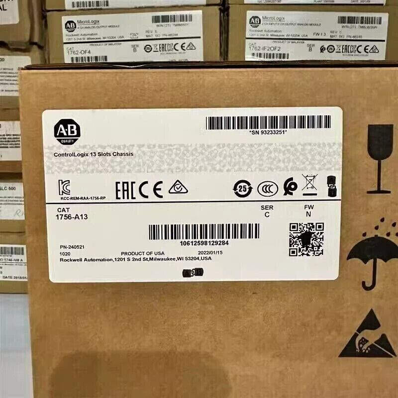 Allen-Bradley 1756-A13 ControlLogix 13 Slot Chassis Box. Industrial automation PLC component with product information label.