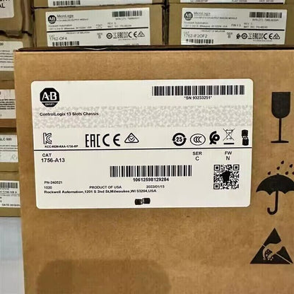 Allen-Bradley 1756-A13 ControlLogix 13 Slot Chassis Box. Industrial automation PLC component with product information label.