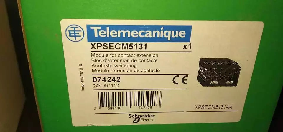 Schneider Electric XPSECM5131 contact extension module. Black module, 24V AC/DC, industrial automation part.