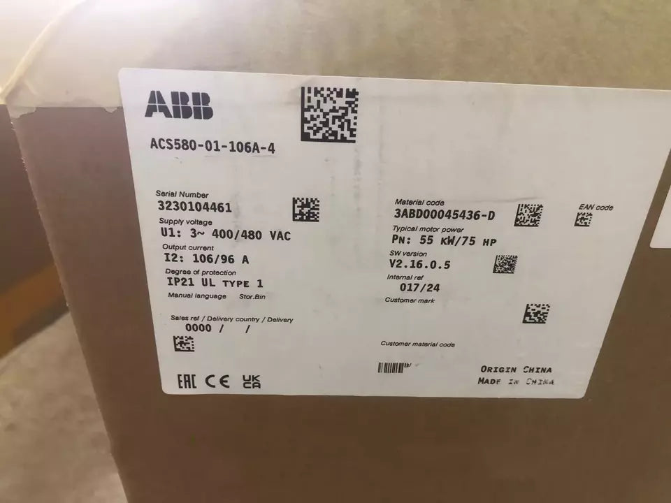 ABB ACS580-01-106A-4 frequency converter box details, industrial automation part with key specifications.